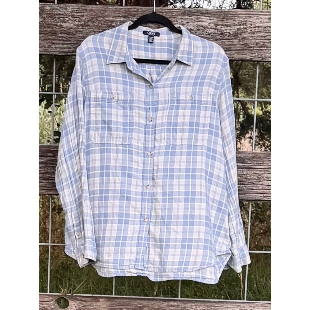 Chaps Womens XXL Blue White Plaid Cotton Button Down Shirt Long Sleeve Pockets